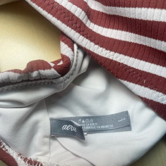 Aerie Large Swimsuit 2 Piece Bikini Stripe White Red Longline Halter Neck Top Pc - Picture 8 of 8